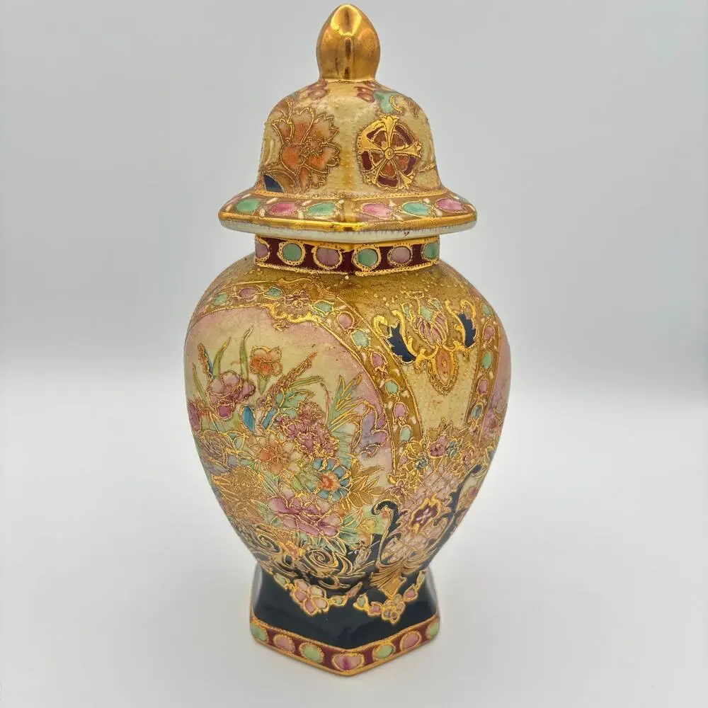 Vintage Satsuma Style Hexagonal Ginger Jar Lid Temple Urn Moriage Gold Floral